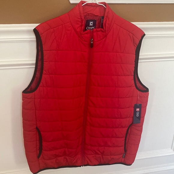 Chaps Mens Ralph Lauren Red Black Zip Front Puffer Lightweight Vest Pockets Sz L - Picture 1 of 12
